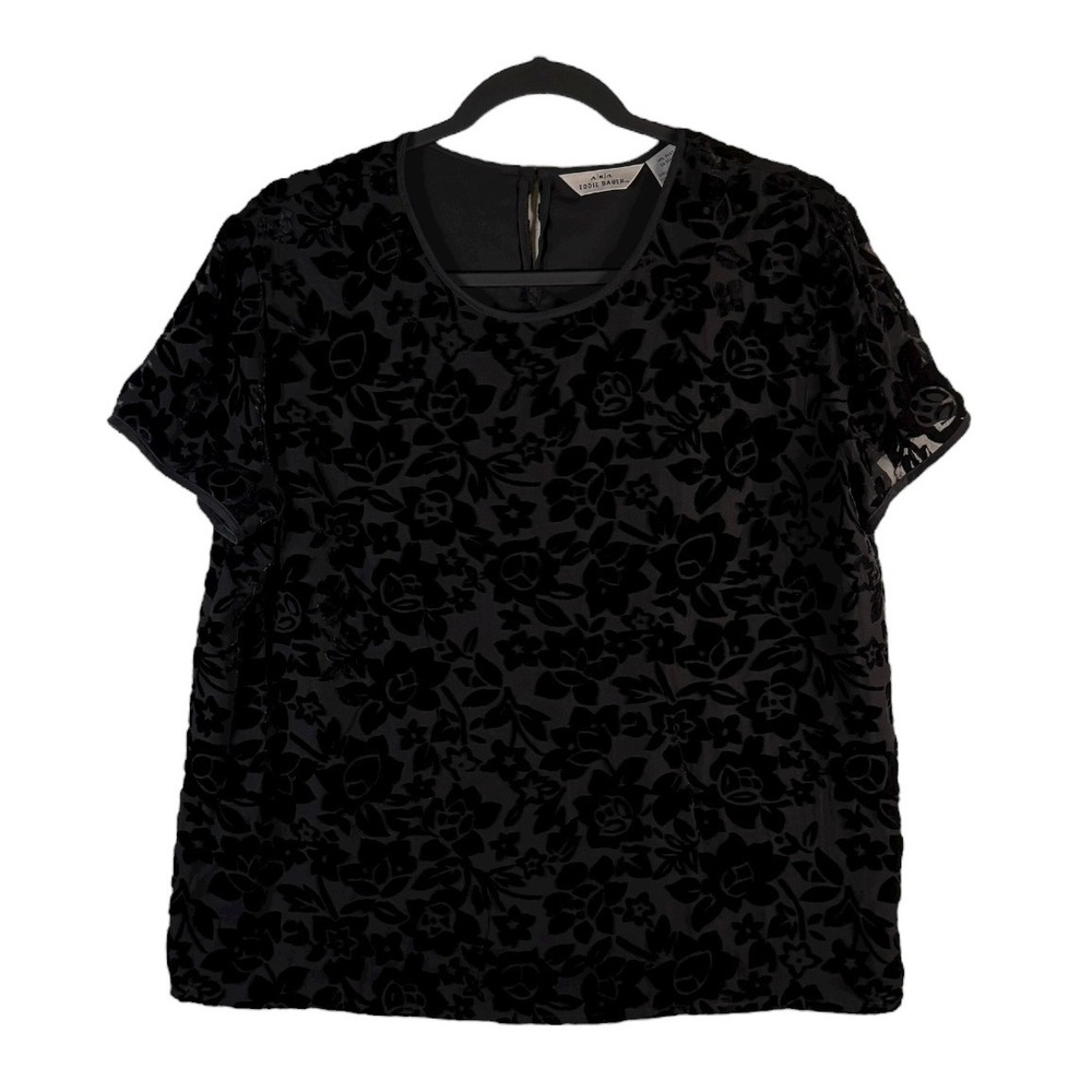Vintage AKA Eddie Bauer Burnout Velvet Blouse Top Black Silk Blend Large NWOT‎